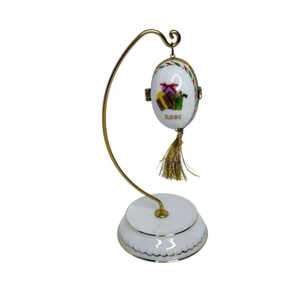 Vintage PHB Porcelain Christmas Egg Trinket Box 2001 Hinged Ornament with Stand